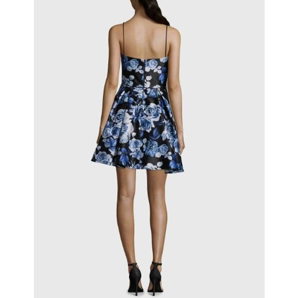 BETSEY & ADAM Blue Black Floral Fit & Flare Mini Dress 10 Cocktail Formal Prom - Picture 5 of 10